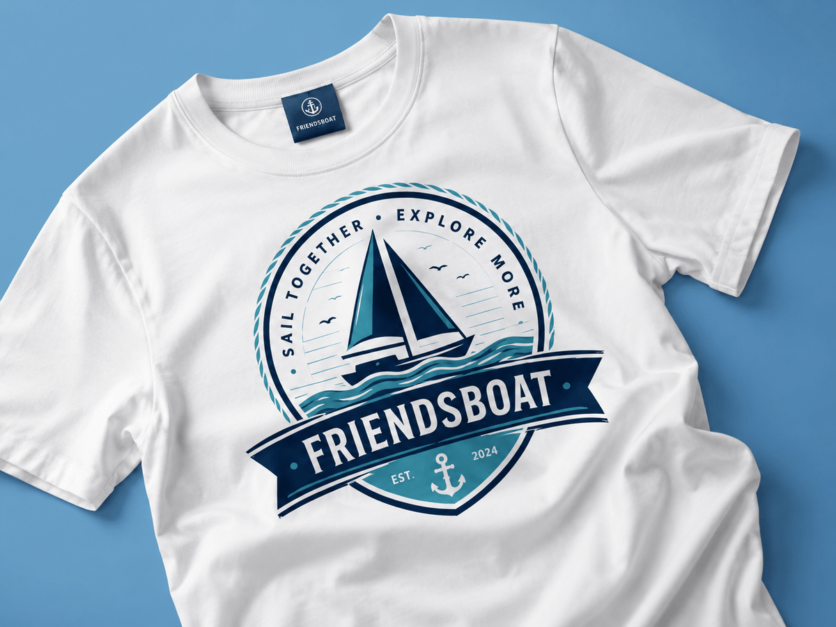 Friendsboat sailboat logo printed on a white shirt
