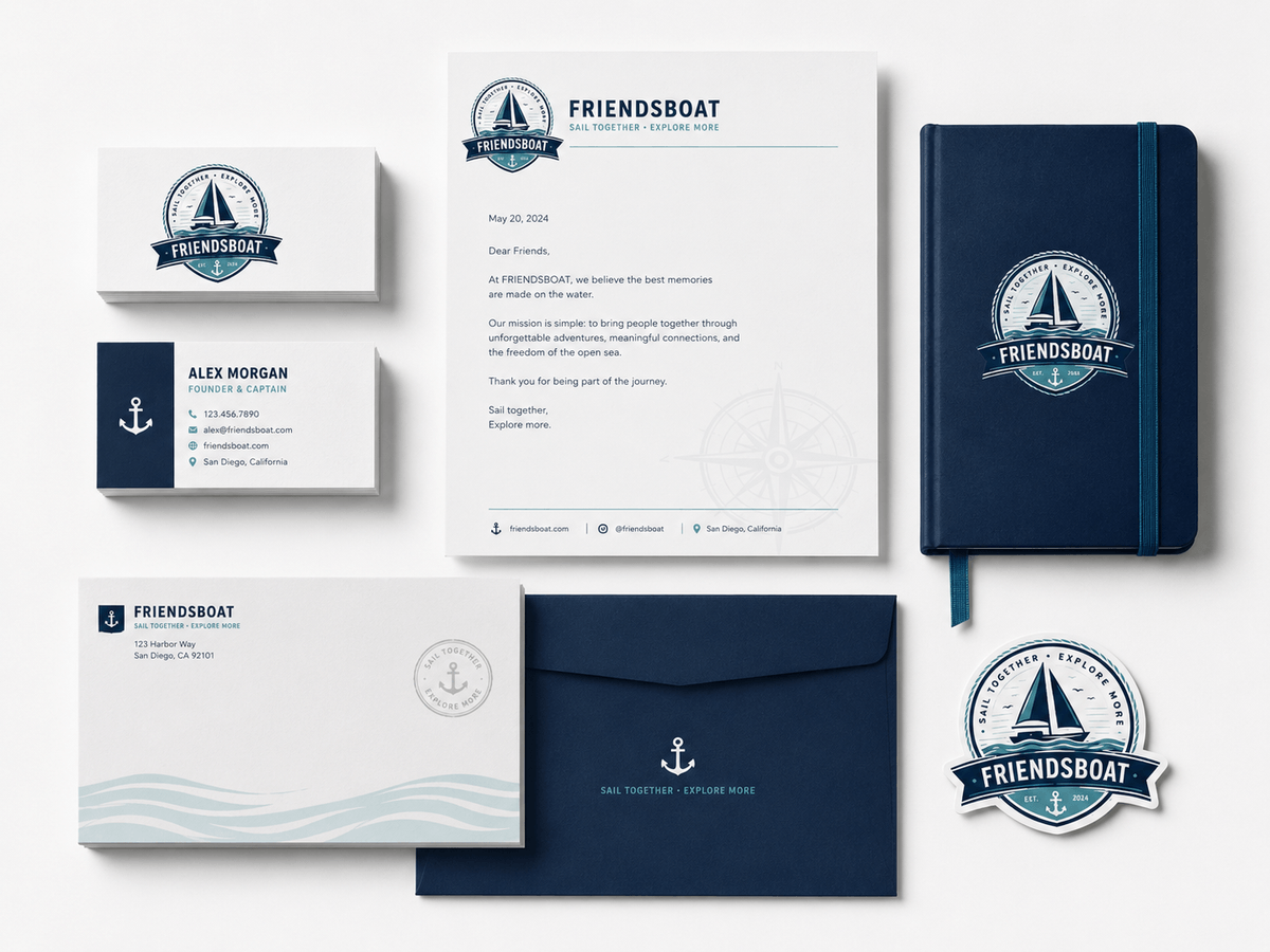 Friendsboat stationery, business card, envelope, notebook, and sticker set